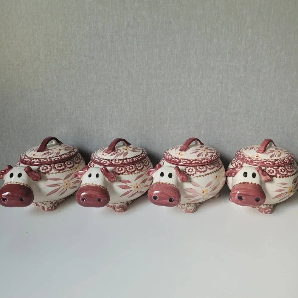 HTF Temp-tations Old World Cow Ramekins Set- 4 Rare Retired Ceramic Baking Cups